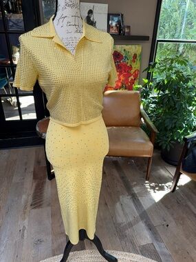 Sandro Two-Piece Knit Studded Polo and Midi Skirt Set in Light Yellow